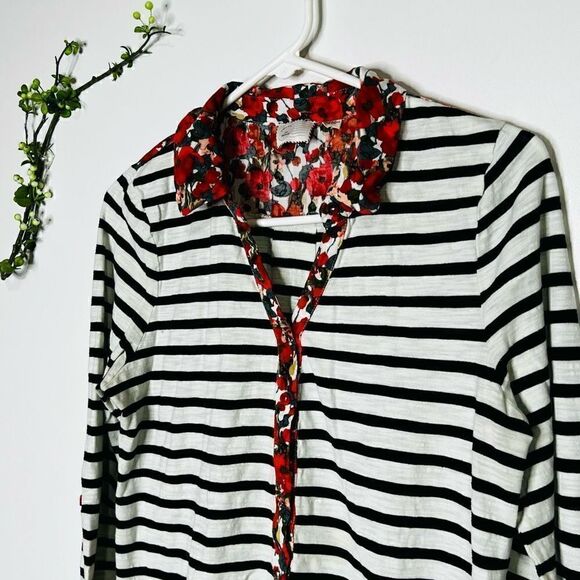 Postmark Anthropologie Black White Stripe Red Poppy Floral Layered Top Blouse Bu - Picture 2 of 13